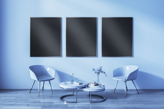 Clean blue living room interior with furniture and empty black mock up poster. Mock up, 3D Rendering.