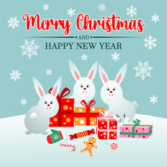 Christmas and New Year greeting card with bunnies and gifts