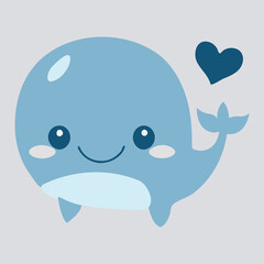 Cute happy kawaii whale vector art. Isolated cartoon baby animal. Adorable graphic for kids. Ocean doodle of aquatic. Sweet funny drawing. Flat icon. Sticker graphic. Happy fish swimming in water.