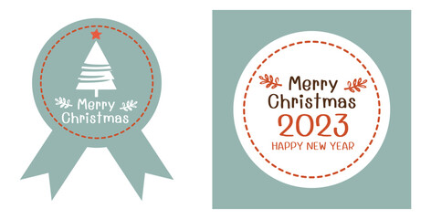 Gift tag stickers with Christmas tree and hand written font vector illustration.