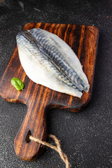 raw fish mackerel fillet raw seafood cooking meal on the table copy space food background top