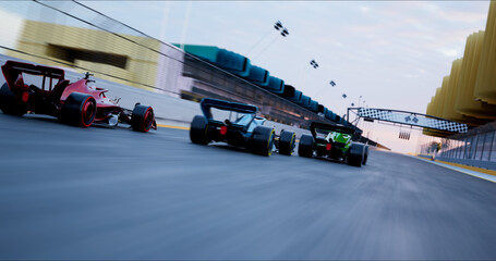 Side View of the Racing Car Driving on Winding Race Track to the Finish Line. Racing go Karts Competition. Speed and Sport Concept. 3D Rendering © BY Movie