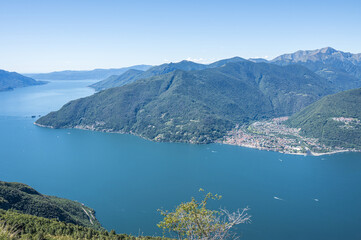 Fototapeta premium Aerial view of the Lake Maggiore with blue sky from a mountain