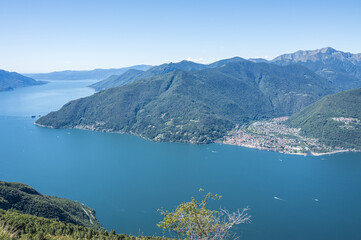 Aerial view of the Lake Maggiore with blue sky from a mountain