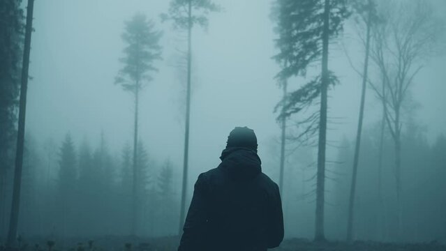 Man walking into foggy dark forest. Mist covered woods, fog layer, winter season