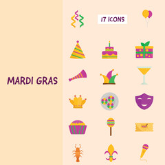 Mardi Gras Event Celebration 17 Icons On Peach Background.