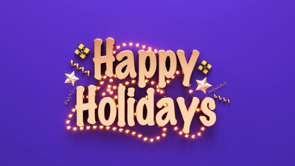 3D Render Copper Happy Holidays Text With Lighting Garland, Gift Boxes, Stars, Curl Confetti And Berry Stem On Blue Background.