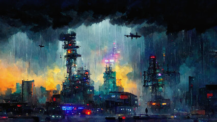 Cyberpunk city by night