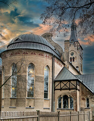 Fototapeta premium Lutheran church in village of Dubulti in Jurmala, Latvia. It was built in 1909 with traits of asymmetry and national Latvian romanticism style. Architect W. Bokslaf 