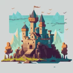 Fotobehang Medieval castle vector illustration. Cartoon doodle of fantasy kingdom. © Fortis Design