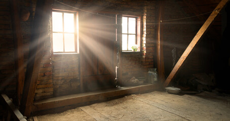 Old windows and door in the attic - obrazy, fototapety, plakaty