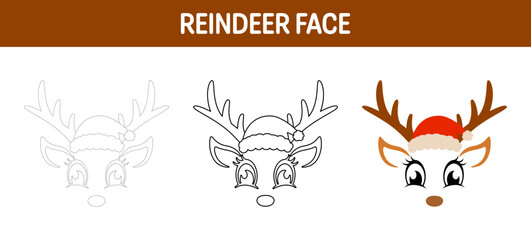 Reindeer Face tracing and coloring worksheet for kids