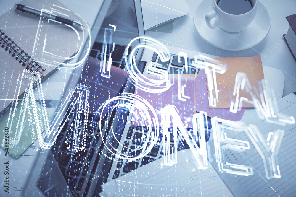 Poster Blockchain theme hologram drawings over computer on the desktop background. Top view. Multi exposure. Concept of cryptoeconomy.