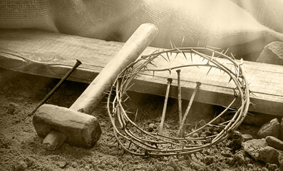 Rusty nails and a wreath of thorns at the cross