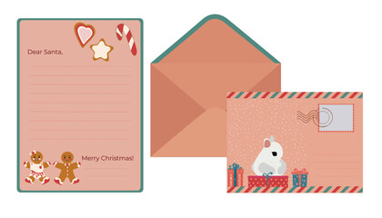 A sample of a New Year's letter to Santa Claus and an envelope. Flat design. Vector illustration.