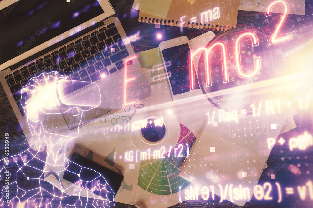 Poster Physics and math theme hologram with formula drawings over computer on the desktop background. Top view. Multi exposure. Concept of education.