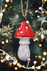 Diy pottery toy on Christmas tree. Fly agaric bauble sustainable Christmas tree decoration....