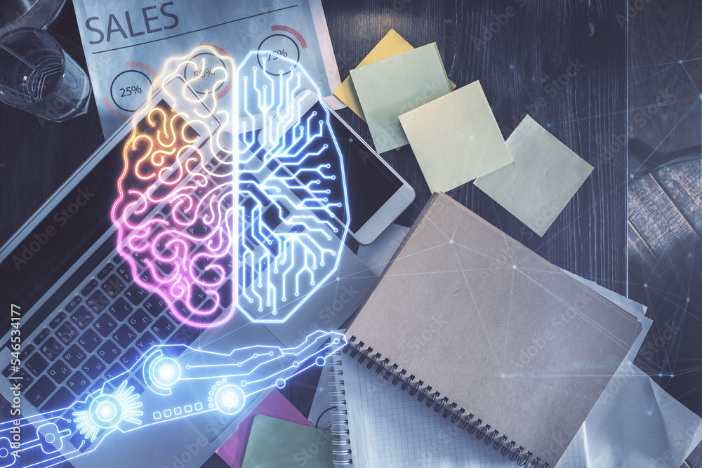 Poster Double exposure of brain drawing hologram over topview work table background with computer. Concept of big data.