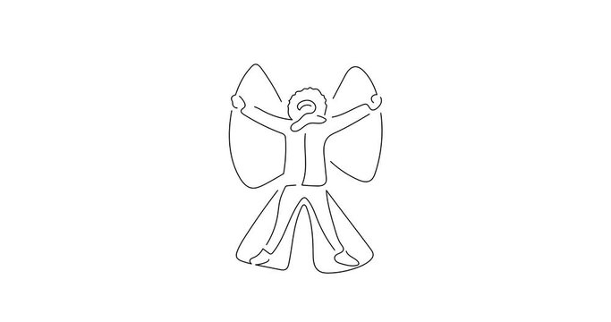 Person making an angel in the snow in line art animation. Composition of a winter scene. Black linear video on white background. Animated gif illustration design.
