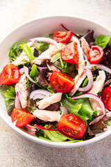 chicken meat salad tomato, green lettuce, onion healthy meal food snack on the table copy space food background top