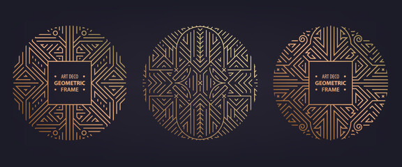 Vector set of art deco badges, adges, frame abstract geometric design templates for luxury products. Linear ornament compositions, vintage. Use for packaging, branding, decoration, etc. Golden circles