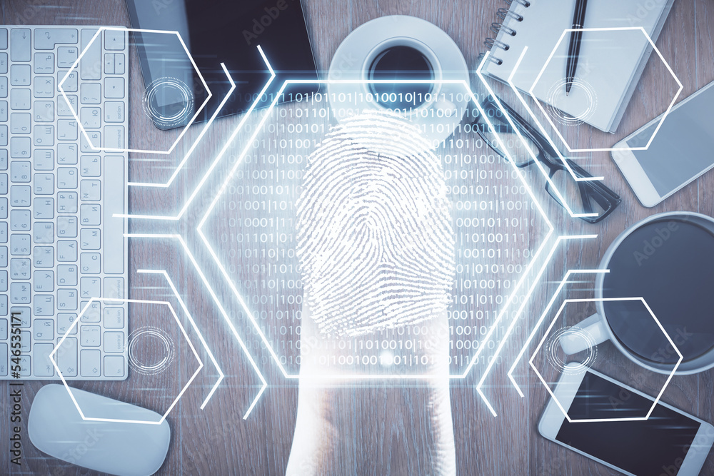 Poster Double exposure of finger print over table with phone. Top view. Concept of mobile security.