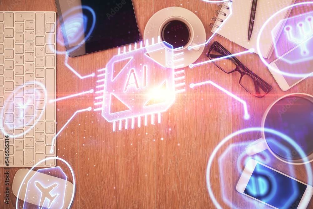 Poster Double exposure of technology theme drawing over work table desktop. Top view. Global data analysis concept.
