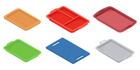 A set of isometric plastic food trays.Trays for carrying food and serving in fast food establishments and cafeterias .Trays made of wood, metal and plastic.Vector illustration.