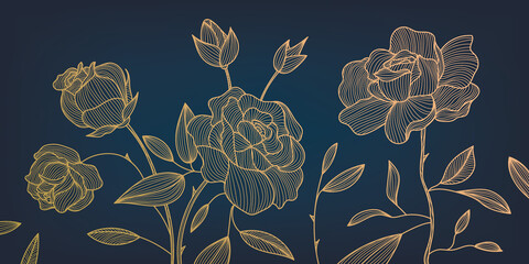 Vector art deco luxury flower, roses line pattern, golden background. Hand drawn florals for packaging, social media post, cover, banner, creative post and wall arts. Japanese style. Black and gold - 546535784