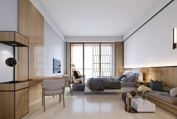 3d rendering,3d illustration, Interior Scene and  Mockup,hotel bedroom and living area,modern and contemporary style render 3d.