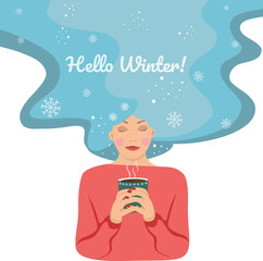 Woman in red sweater with cup of hot drink. Woman with coffee. Winter time, happy holidays, hygge. 