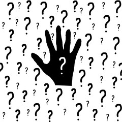Seamless pattern with question drawing on the palm. Hand with question mark.