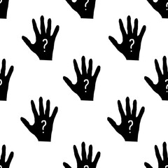 Fototapeta premium Seamless pattern with question drawing on the palm. Hand with question mark.