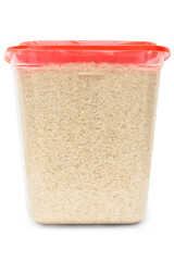 Pote plástico transparente com tampa, utilizado para guardar mantimentos, pote cheio de arroz.