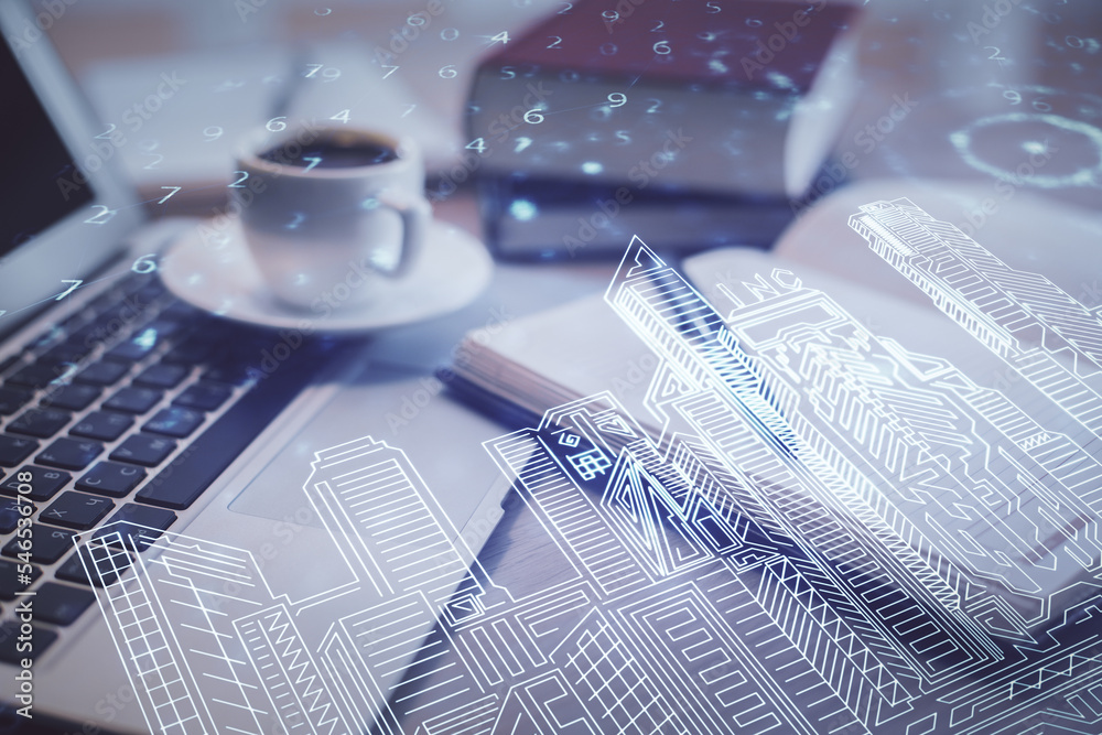 Poster Double exposure of buildings drawing and desktop with coffee and items on table background. Concept of smart city