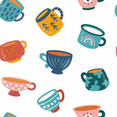 Coffee or tea cups seamless pattern. Kitchen or ceramic crockery theme. Cartoon mugs with different ornaments. Vector illustration on white background. 
