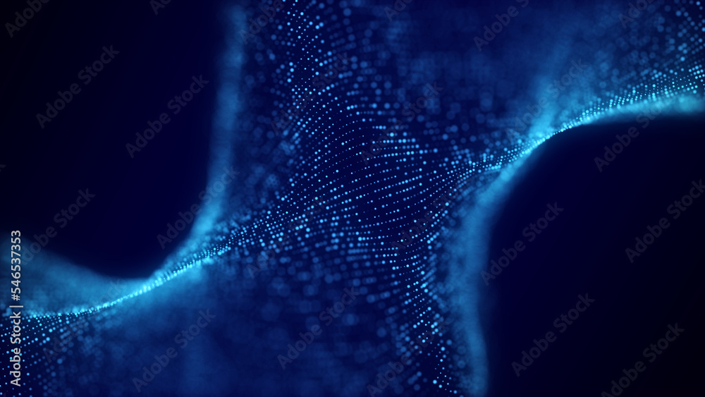 Poster Music wave of particles. Big data visualization. Abstract blue background with a dynamic wave. 3d rendering.