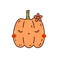 Cute and funny orange pumpkin isolated on white background. Vector hand-drawn illustration in doodle style. Kawaii character. Perfect for cards, decorations, logo and Halloween designs.