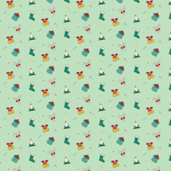 Christmas pattern of candles, socks, candies, bells and gift boxes among confetti and stars