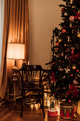 Evening Christmas interior in French apartments. New year