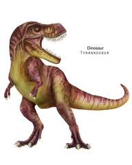 Tyrannosaur illustration. Dinosaur with sharp teeth. Red dino