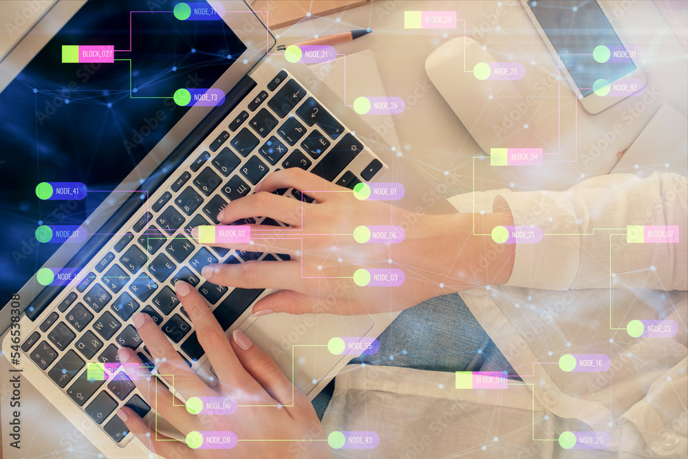 Poster Double exposure of woman hands working on computer and data theme hologram drawing. Top View. Technology concept.