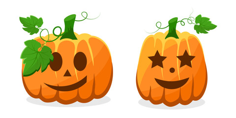 
Pumpkins for Halloween. Pumpkins with leaves. Orange pumpkins with smiles. We celebrate Halloween