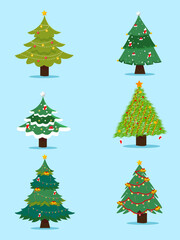 Collection of flat style decorated christmas tree vector illustration.
