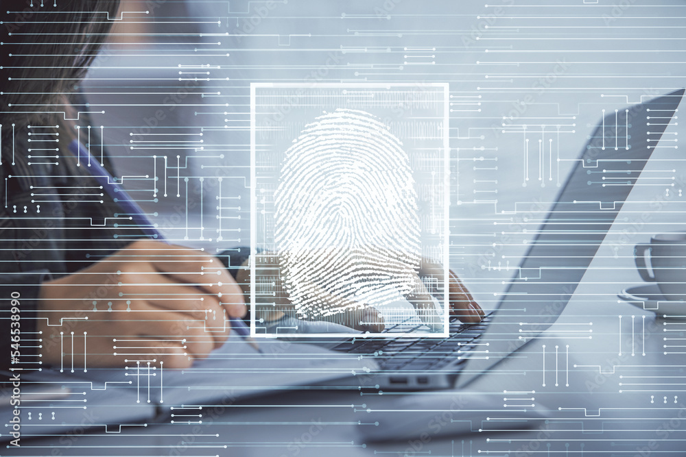 Poster double exposure of woman hands typing on computer and fingerprint drawing. security concept.