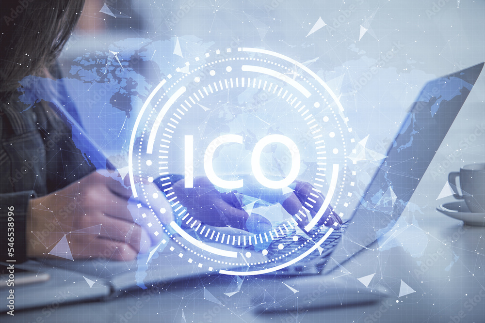 Poster double exposure of woman hands typing on computer and crypto market theme hologram drawing. blockcha