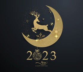 Fototapeta na wymiar gold reindeer jump from moon on black background,merry christmas ,happy new year 2023