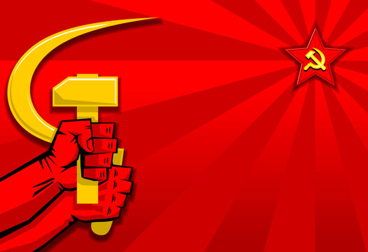 Revolution propaganda poster retro style. Golden sickle and hammer in hands, soviet star on red background. Vector