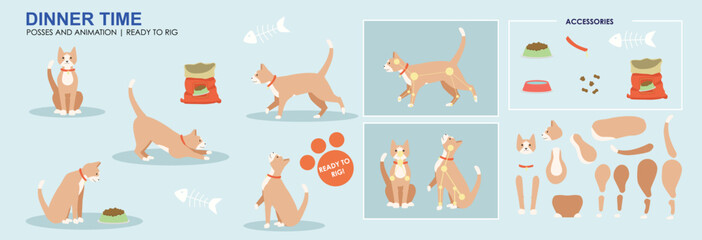 Cute Ginger cat dinner time, eating snacks food fish, multiple poses, positions. Vector broken down ready to rig and animate, cartoon cat playing eating. Animation 