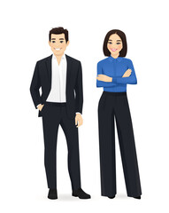 Business team. Cheerful business asian man and woman standing isolated vector illustration.